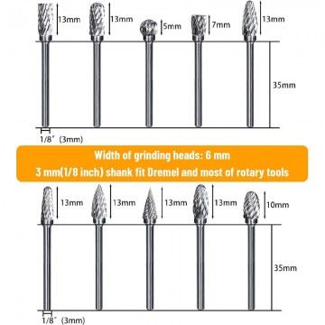 Set di 10 Frese in Carburo di Tungsteno per Dremel - Codolo 3 mm, Testa Abrasiva 6 mm - Ideali per Legno, Intaglio in Pietra e  