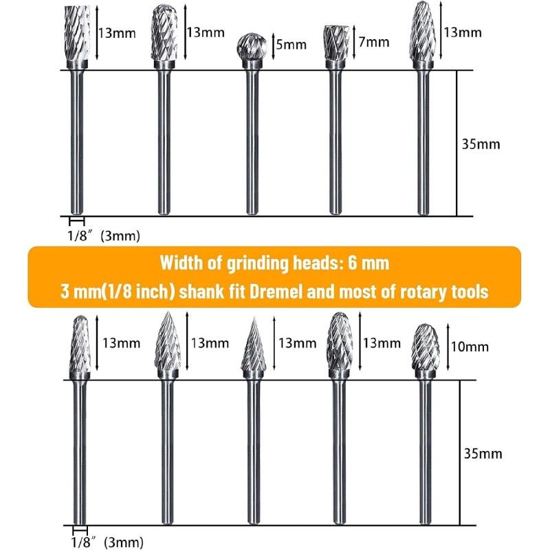 Set of 10 Tungsten Carbide Burrs for Dremel - 3 mm Shank, 6 mm Abrasive Head - Ideal for Wood, Stone Carving and