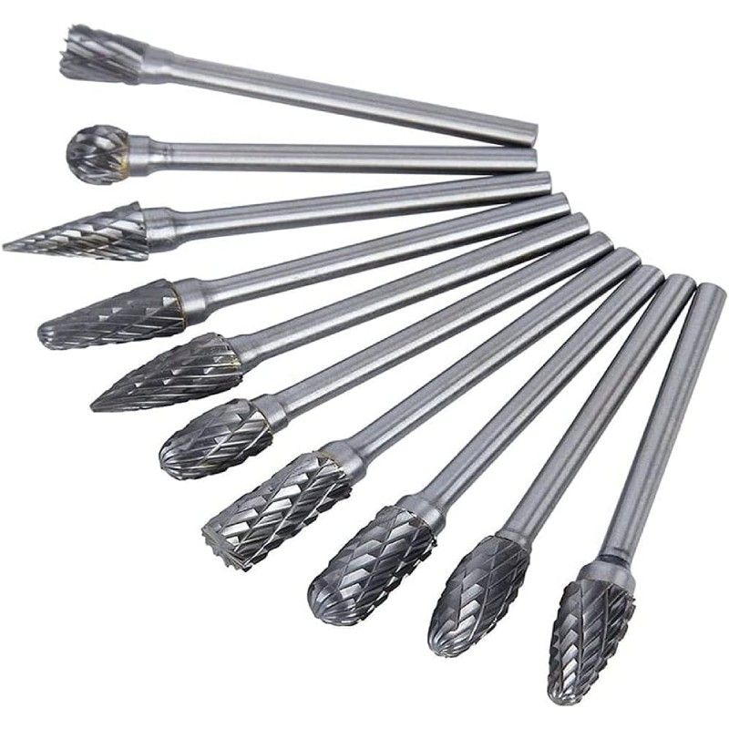 Set of 10 Tungsten Carbide Burrs for Dremel - 3mm Shank, 6mm Grinding Head - Ideal for Wood, Stone Carving and