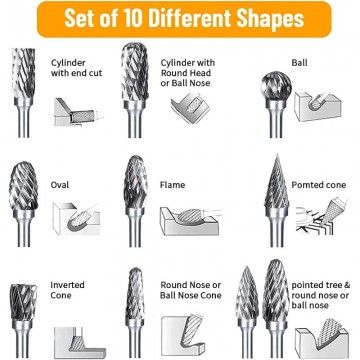 Set of 10 Tungsten Carbide Burrs for Dremel - 3 mm Shank, 6 mm Abrasive Head - Ideal for Wood, Stone Carving and