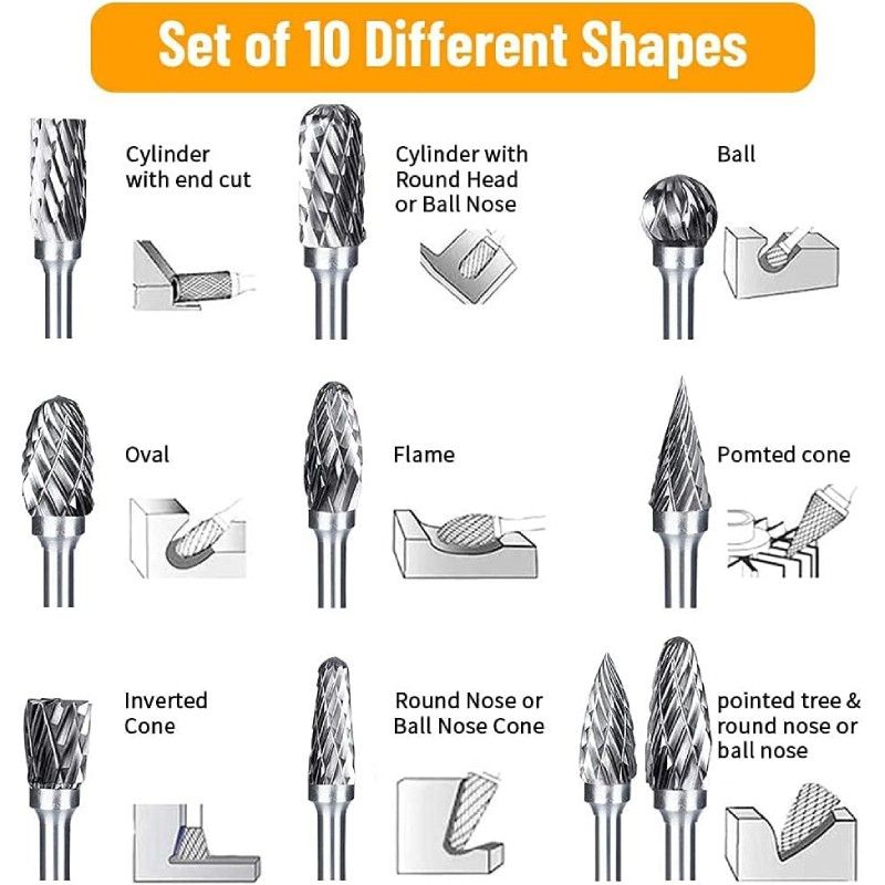 Set of 10 Tungsten Carbide Burrs for Dremel - 3 mm Shank, 6 mm Abrasive Head - Ideal for Wood, Stone Carving and