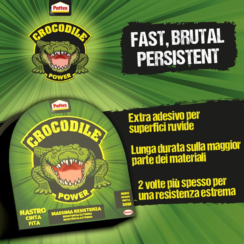 Pattex Crocodile Power Tape nero 30m x 50mm, nastro americano extra forte, 2 volte più spesso, per molte superfici.
  AVO - 3