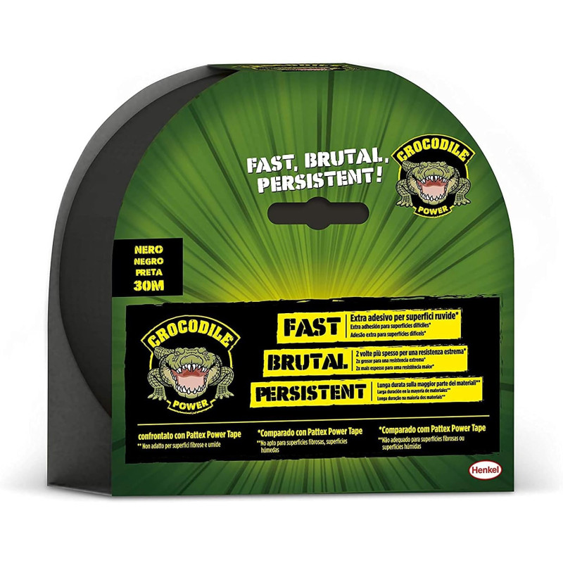 Pattex Crocodile Power Tape nero 30m x 50mm, nastro americano extra forte, 2 volte più spesso, per molte superfici.
  AVO - 1