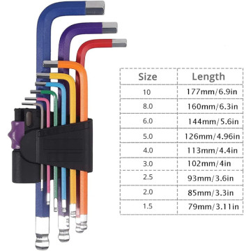 Set di 9 Chiavi a Brugola Metriche Esagonali (1,5-10 mm) – Estremità Sferica, Materiale CR-V, Multicolore  AVO - 2