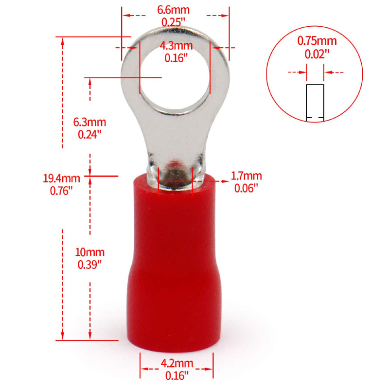 Red Insulated Ring Crimp Terminal M4 (4mm) RV1.25-4  AVO - 4