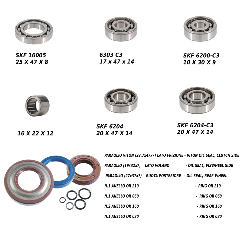 Kit Cuscinetti e Paraoli Carter motore Vespa Small Frame 50 - 90 - 125 Primavera Et3  AVO - 1