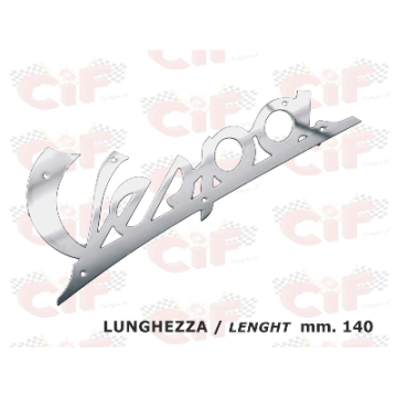 TARGHETTA "VESPA" IN OTTONE CROMATO (lunghezza mm. 140)- per scudo anteriore - VESPA 125 ('47-'54) CIF : 5745-CR  CIF - 1