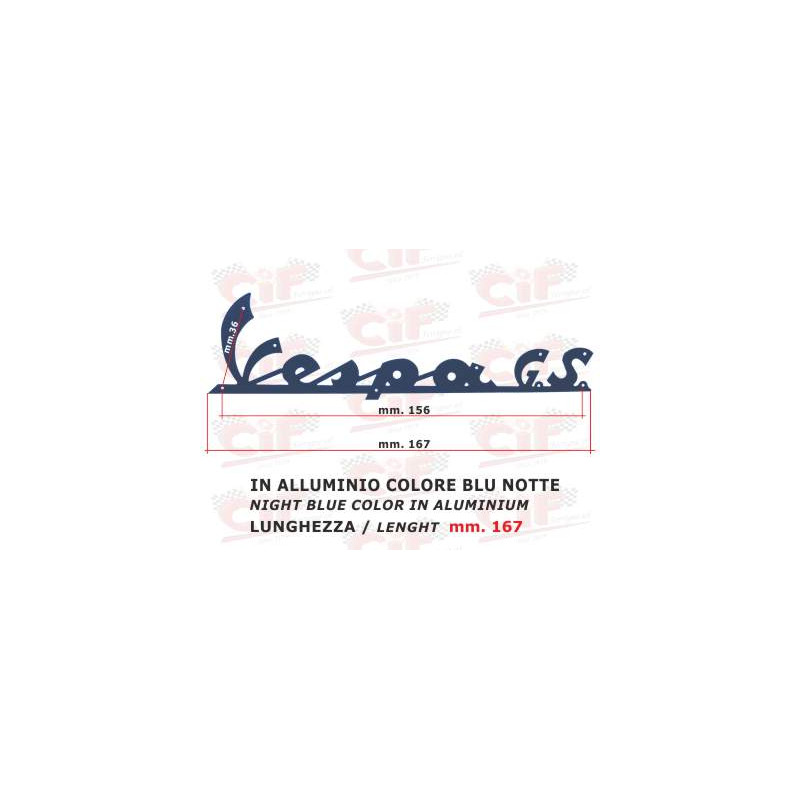 TARGHETTA "VESPA GS" ALLUMINIO VERNICIATA COLORE "BLU NOTTE" (lunghezza mm. 167) - per scudo anteriore CIF : 5743-L  CIF - 1