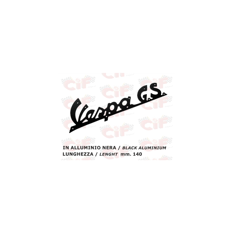 TARGHETTA "VESPA G.S." IN ALLUMINIO NERA (lunghezza mm. 140) - per scudo anteriore - VESPA CIF : 5743  CIF - 1