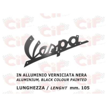 TARGHETTA "VESPA" IN ALLUMINIO VERNICIATA NERA (lunghezza mm. 105) (spessore fine) per scudo anteriore - VESPA 125 CIF : 5741  C