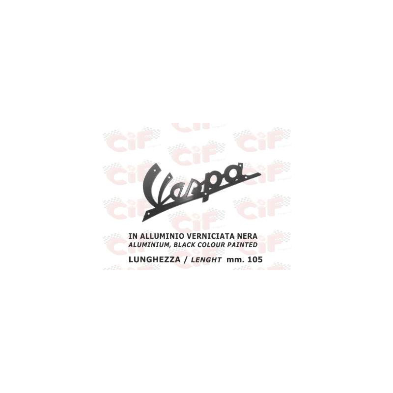 TARGHETTA "VESPA" IN ALLUMINIO VERNICIATA NERA (lunghezza mm. 105) (spessore fine) per scudo anteriore - VESPA 125 CIF : 5741  C