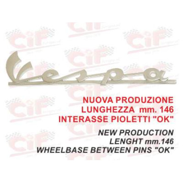 TARGHETTA "VESPA" TRAFORATA (lunghezza mm. 140) IN ALLUMINIO - per scudo anteriore - VESPA 50 SPECIAL CIF : 5740-SP  CIF - 1
