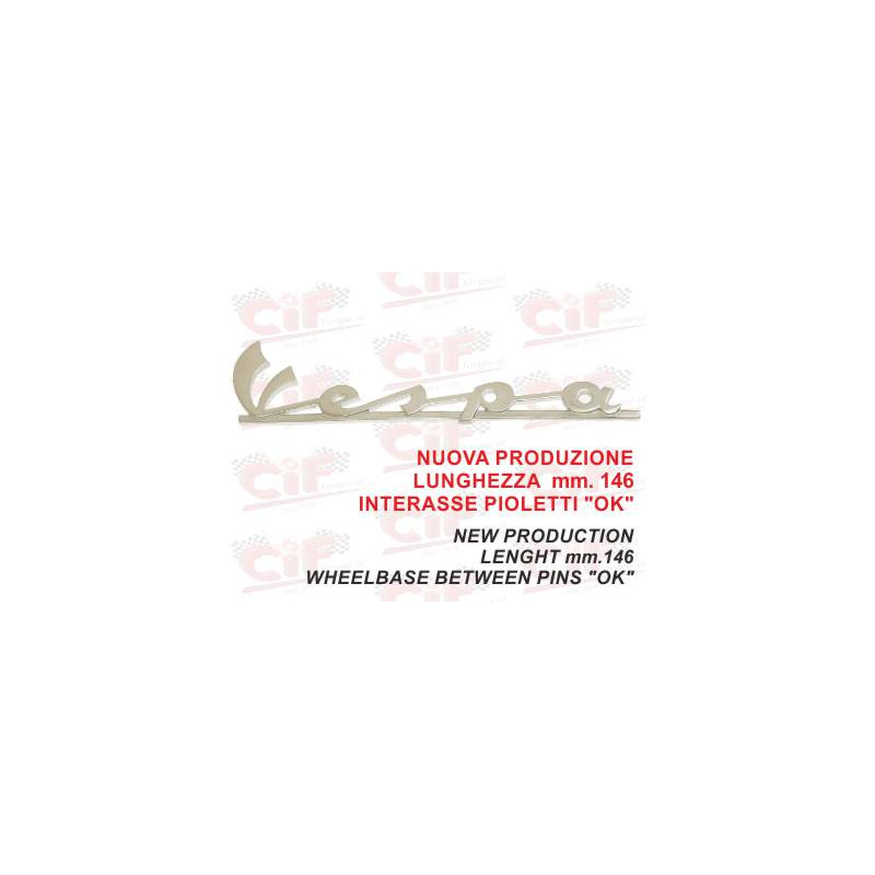 TARGHETTA "VESPA" TRAFORATA (lunghezza mm. 140) IN ALLUMINIO - per scudo anteriore - VESPA 50 SPECIAL CIF : 5740-SP  CIF - 1