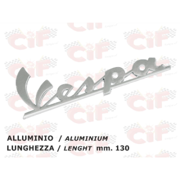TARGHETTA "VESPA" TRAFORATA (lunghezza mm. 130) IN ALLUMINIO - per scudo anteriore CIF : 5740-A  CIF - 1