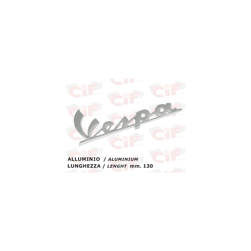 TARGHETTA "VESPA" TRAFORATA (lunghezza mm. 130) IN ALLUMINIO - per scudo anteriore CIF : 5740-A  CIF - 1