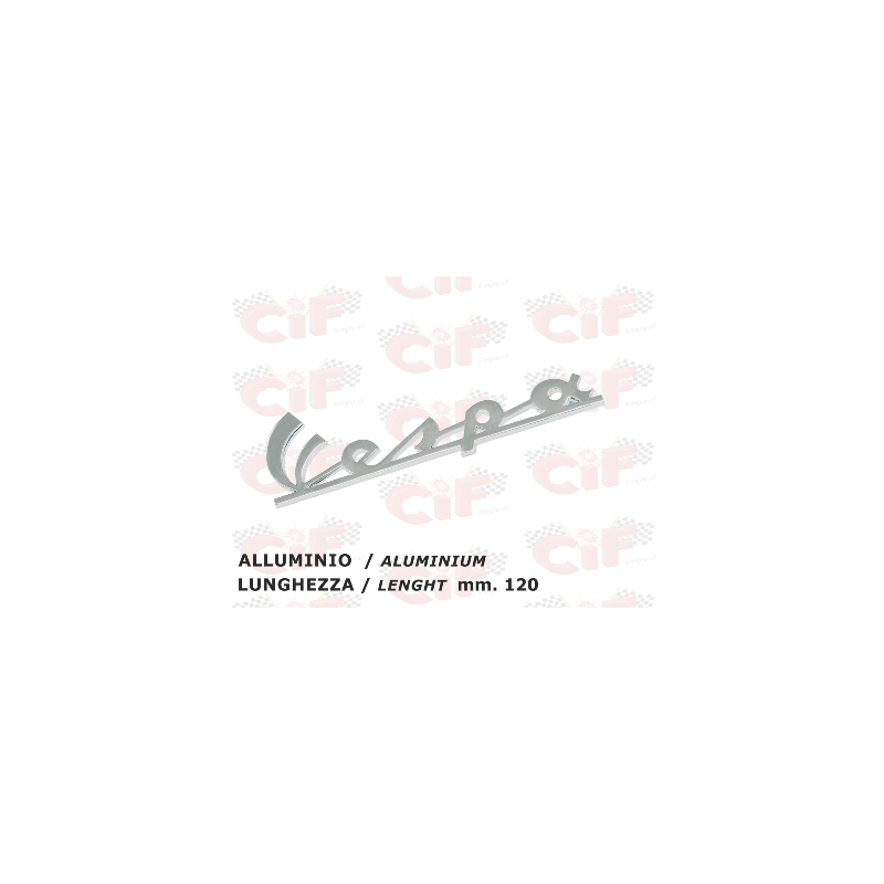 TARGHETTA "VESPA" TRAFORATA (lunghezza mm.120) IN ALLUMINIO - per scudo anteriore CIF : 5740  CIF - 1