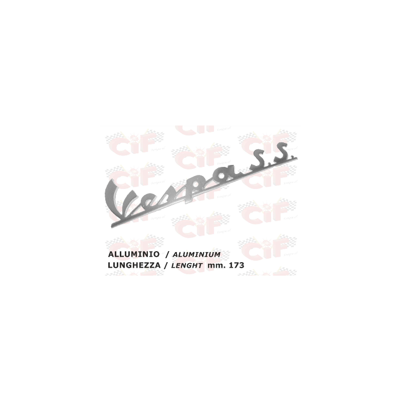 TARGHETTA "VESPA SS" TRAFORATA (lunghezza mm. 173) IN ALLUMINIO - per scudo anteriore-VESPA CIF : 5733-A  CIF - 1
