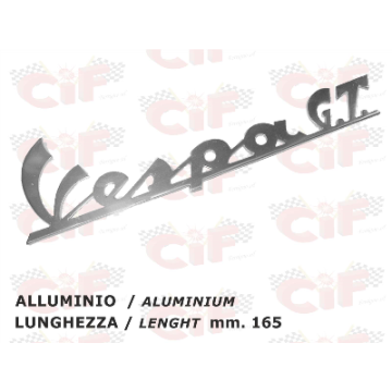 TARGHETTA "VESPA GT" TRAFORATA (lunghezza mm. 165) IN ALLUMINIO - per scudo anteriore VESPA CIF : 5732-A  CIF - 1