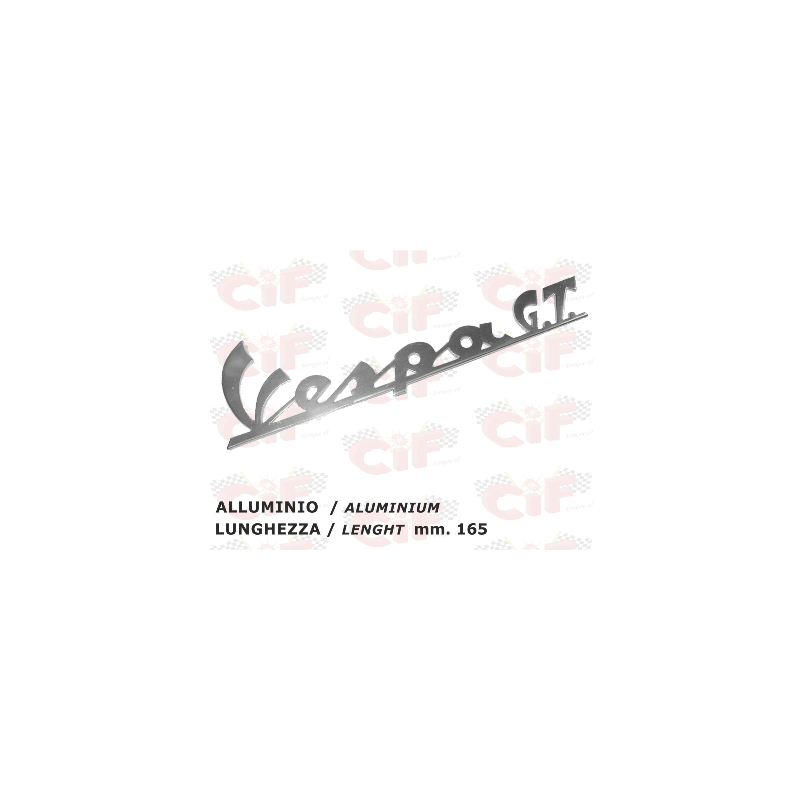 TARGHETTA "VESPA GT" TRAFORATA (lunghezza mm. 165) IN ALLUMINIO - per scudo anteriore VESPA CIF : 5732-A  CIF - 1