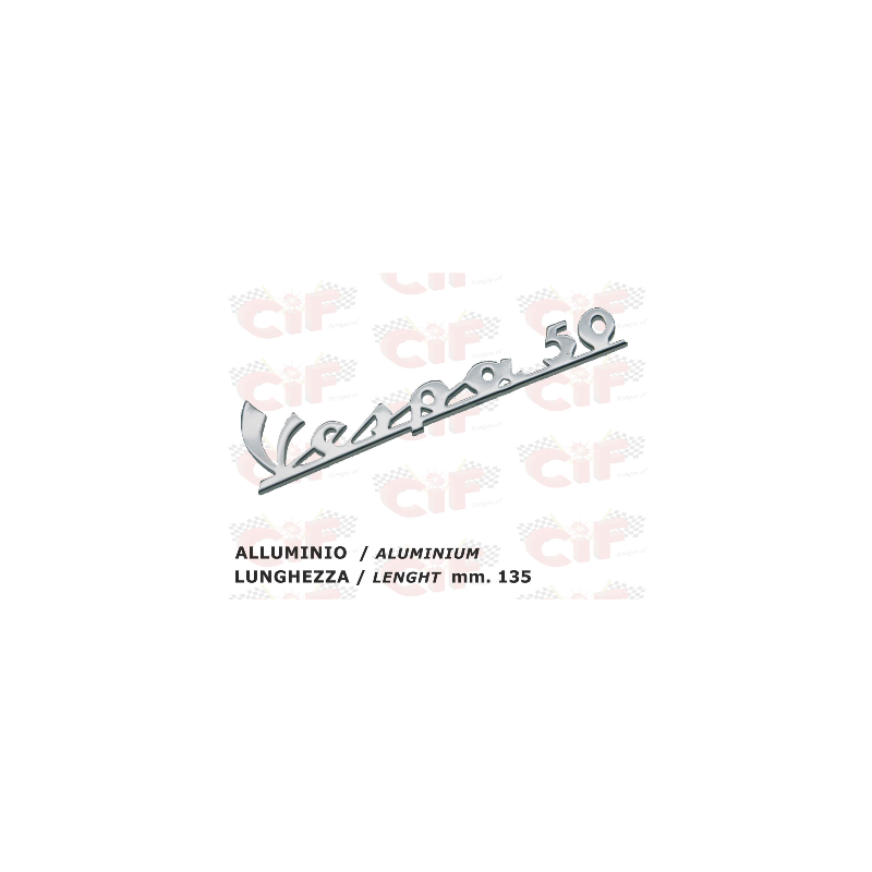 TARGHETTA "VESPA 50" TRAFORATA (lunghezza mm. 135) IN ALLUMINIO - per scudo anteriore - VESPA CIF : 5731  CIF - 1
