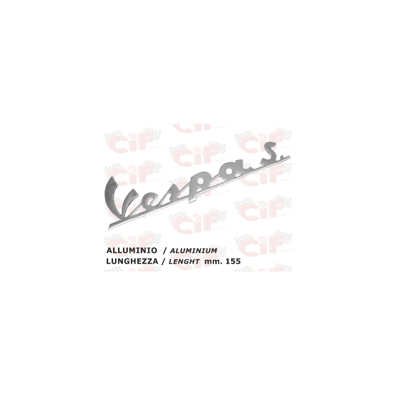 TARGHETTA "VESPA S" TRAFORATA (lunghezza mm. 155) IN ALLUMINIO - per scudo anteriore - VESPA CIF : 5727  CIF - 1
