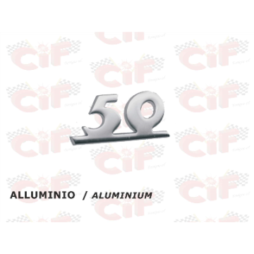 TARGHETTA "50" TRAFORATA IN ALLUMINIO - per scudo anteriore - VESPA 50 SPECIAL CIF : 5726  CIF - 1