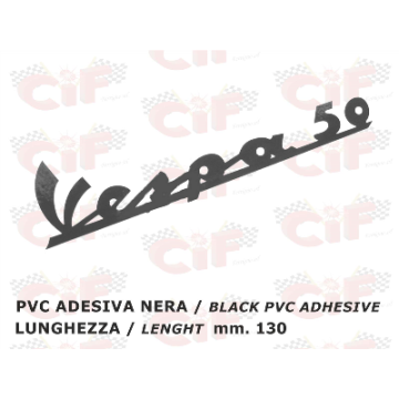 TARGHETTA "VESPA 50" PVC ADESIVA NERA (lunghezza mm. 130) per scudo anteriore CIF : 3379  CIF - 1