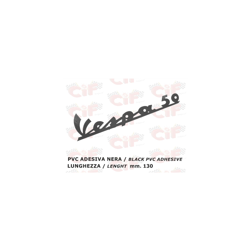 TARGHETTA "VESPA 50" PVC ADESIVA NERA (lunghezza mm. 130) per scudo anteriore CIF : 3379  CIF - 1