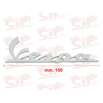 TARGHETTA "VESPA" GRANDE (mm.150) RESINATA ADESIVA CROMATA per cofano laterale VESPA AUTOMATICA CIF : 10471  CIF - 1