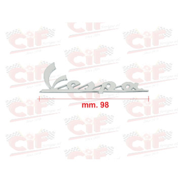 TARGHETTA "VESPA" PICCOLA (mm.98) RESINATA ADESIVA CROMATA per scudo anteriore VESPA AUTOMATICA CIF : 10470  CIF - 1